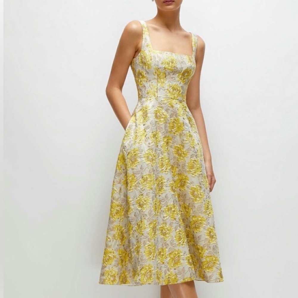 Dessy Collection Golden Metallic Floral Midi Cocktail Dress, SIZE 2